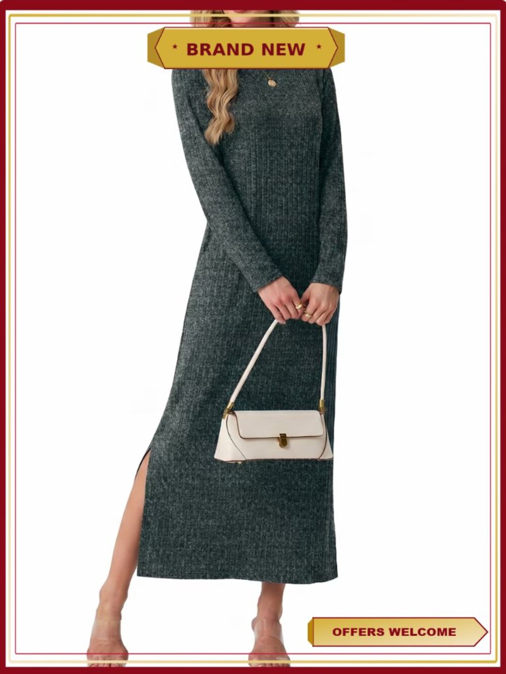 Cueply Long Sleeve Maxi Dress Ribbed Knit with Pockets Wedding Guest